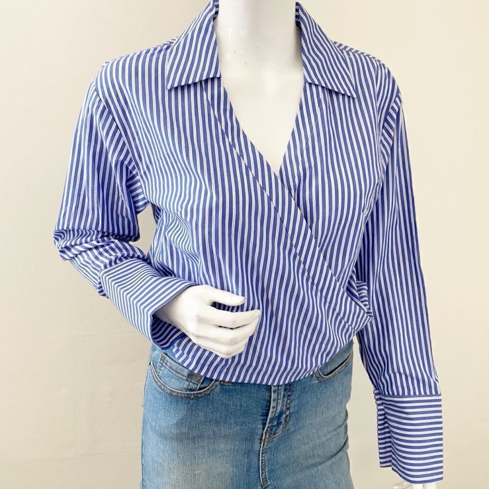 Chaser Blue & White Long Sleeve Pinstripe Wrap Top w Collar & Cuff Details
